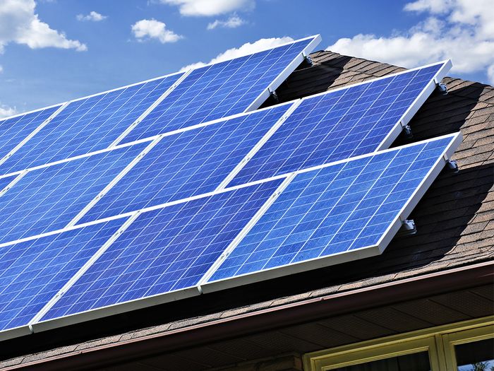 close up of solar panels on the roof of a house