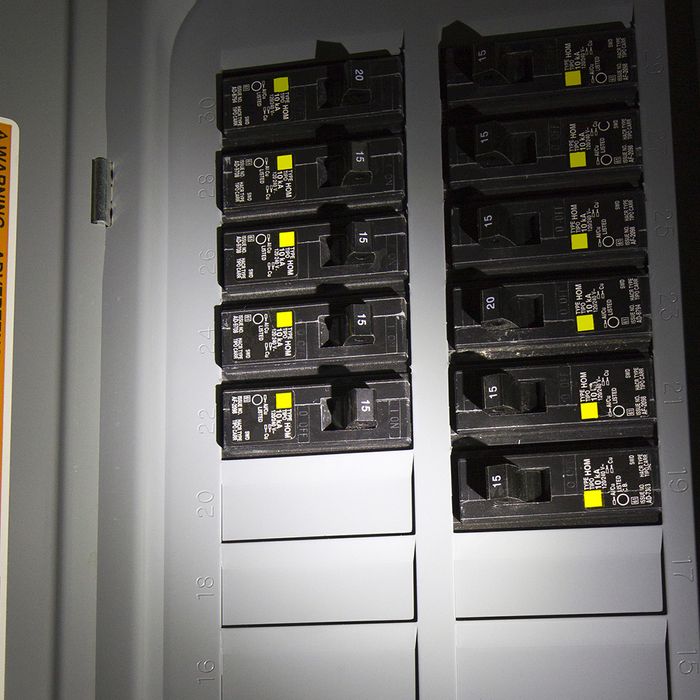 A home’s electrical breaker box during a power outage.