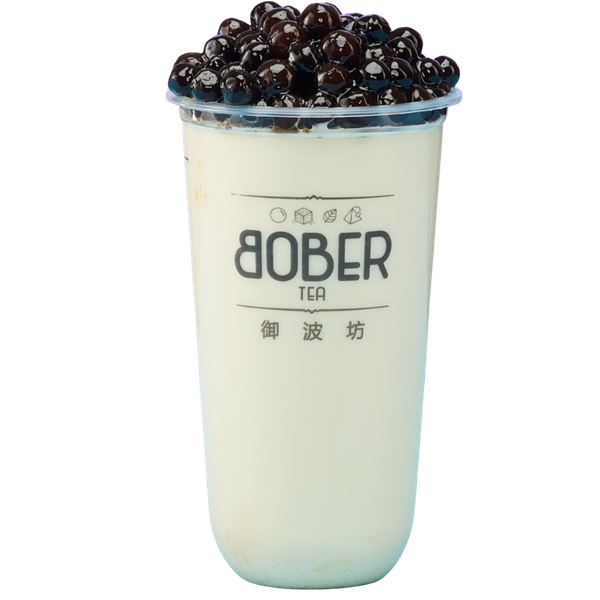 A classic Jasmine Green Milk Tea featuring a smooth, pale cream-colored tea base. The cup is topped with a generous, overflowing serving of glossy, dark brown honey boba pearls.