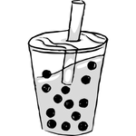 A simple black-and-white line drawing of a boba milk tea cup. It features a wide straw, a domed lid with a liquid swirl, and several dark boba pearls settled at the bottom.