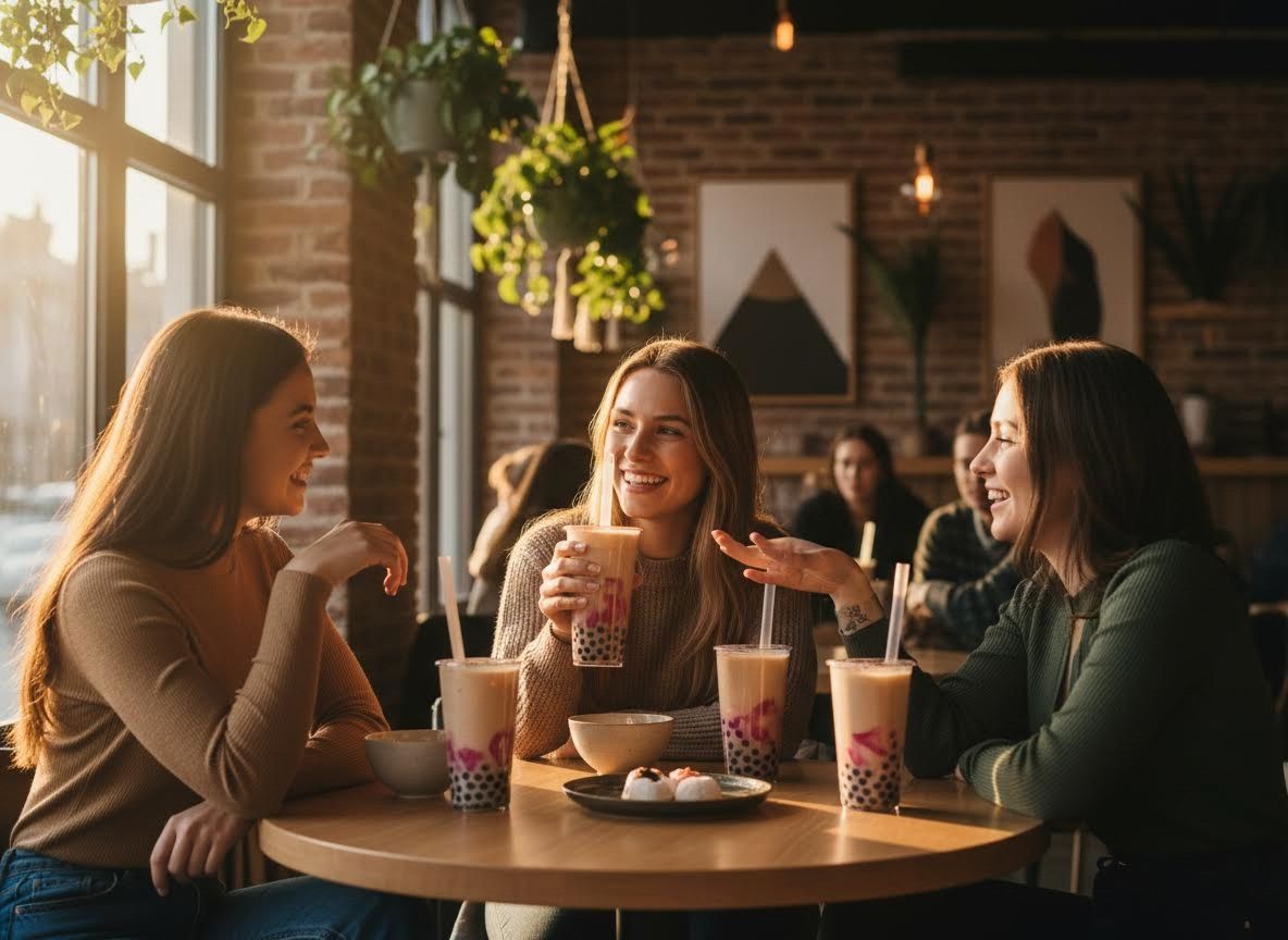 Three women enjoying bubble tea and conversation at a cafe