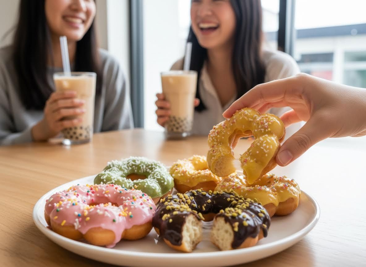 Friends Enjoying Colorful Mochi Donuts and Bubble Tea