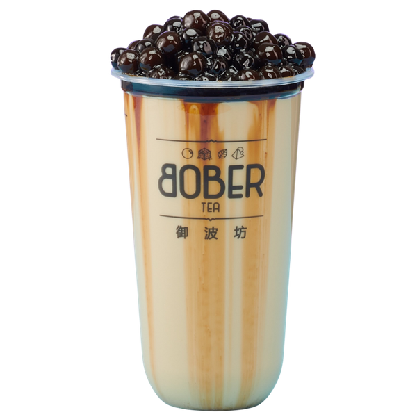 A signature Classic Milk Tea with creamy tan layers and dark brown sugar syrup streaks. The drink is finished with a large, overflowing mound of chewy honey boba pearls.