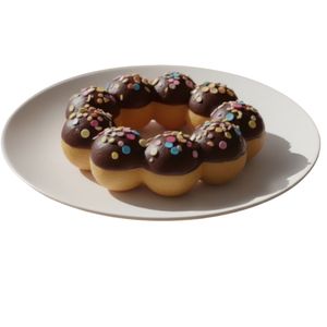 A single Chocolate Mochi Donut served on a minimalist white plate. The donut features a dark chocolate glaze and is decorated with colorful pastel confetti sprinkles.