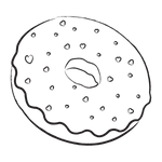 A minimalist black-and-white sketch of a classic ring donut. The icing is decorated with tiny hand-drawn heart-shaped sprinkles.