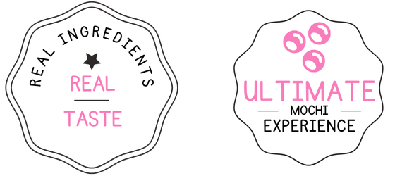 A set of pink-and-white circular trust badges. The first says "Real Ingredients, Real Taste," the second features mochi icons and says "Ultimate Mochi Experience."