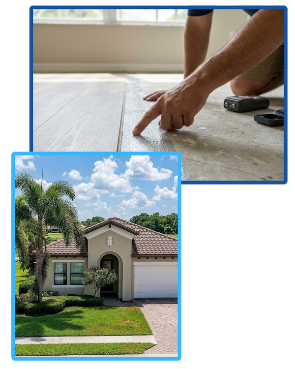 image of someone pointing at flooring and an image of a Florida home