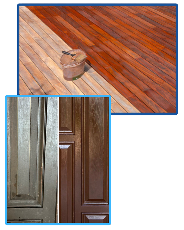 Two images. The first, a deck that has had half stained. The second, a stained wooden front door on a home.