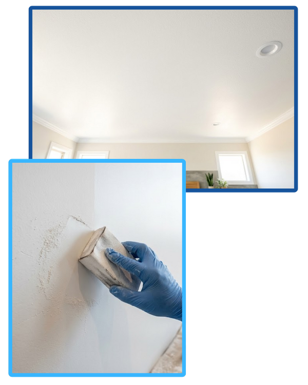 Two images. The first, a smooth and newly repaired drywall ceiling. The second, a hand smoothing over a drywall patch with a magic eraser