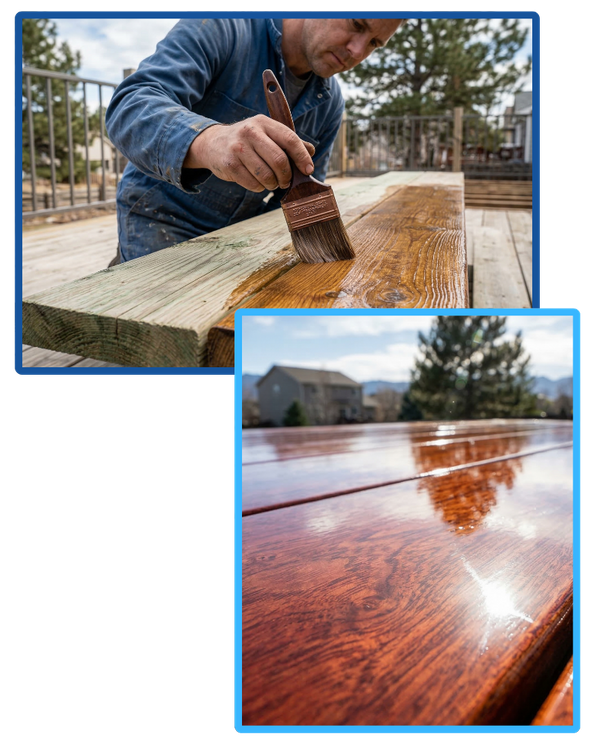 Two images. The first, a close up of a cotractor staining a bench on a deck. The second is a close up of a newly varnished deck floor. 