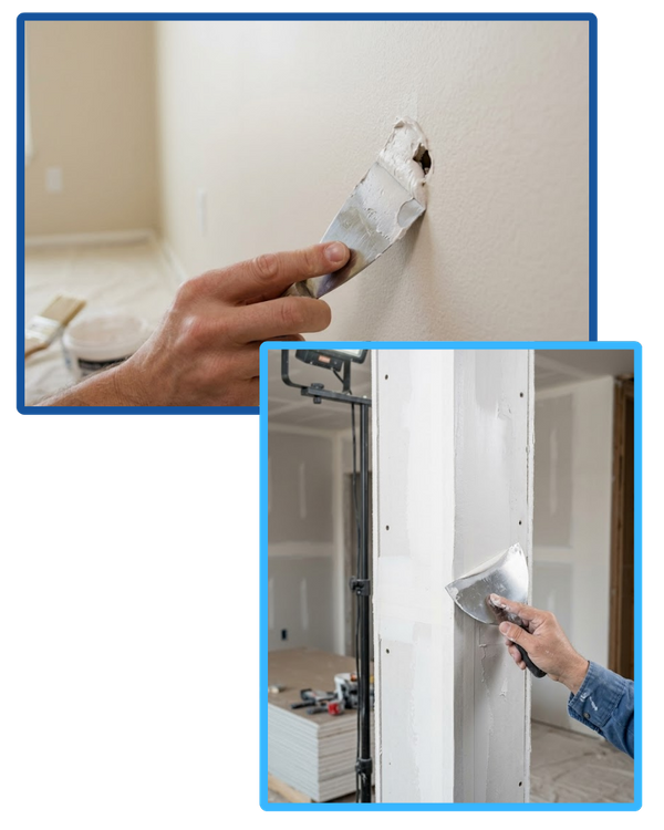 Two images. The first, a scapper smoothing filling a whole in the drywall. The second, a scrapper smoothing out the section of the wall..