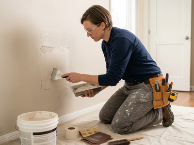 A contractor working on patching a large hole in the drywall