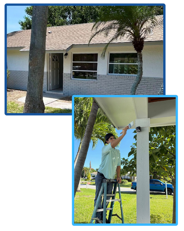 Two images. The first, a ranch style home painted white with grey brick. The second, a man on a ladder painting the trim of a home's porch.