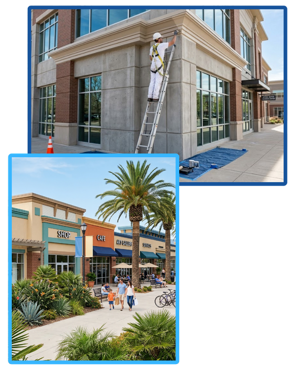 Two images. The first, a contractor up on a ladder painting the detailing of a commercial building. The second, a brightly painted shopping center in Florida.