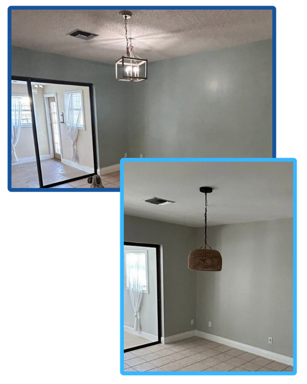 Two images: The first, a before to show the popcorn ceiling. a second, to show the smooth results of popcorn ceiling removal