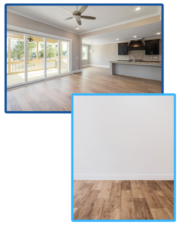 Two images: The first, an open floor plan home in Florida with newly painted walls and laminate flooring. The second, a close up of newly painted walls and newly installed wood flooring