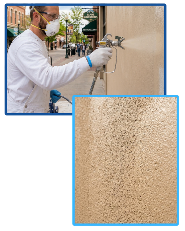 Two images. The first, a contractor using a sprayer to paint a building's exterior. The second, a close up of that wall showing the texture.