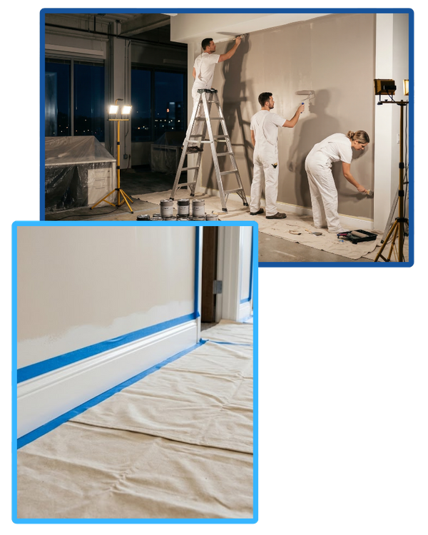 Two images. The first, a team painting the interior of an office building a light brown color. The second, a drop cloth and painters tape in a room ready for painting. 