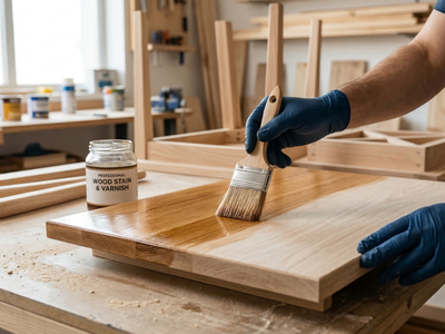 A close up of gloved hands staining a slab of wood in a workshop