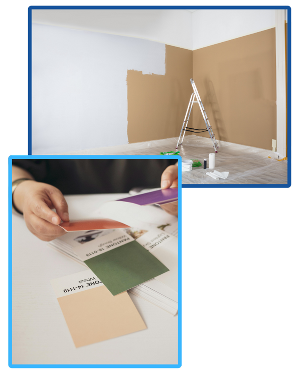 Two images. The first, a brown wall in the process of being painted a light grey. There is a ladder and painting supplies in the room. The second, a person slipping through a pile of paint color swatches