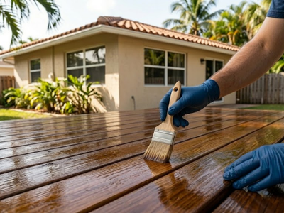 A close up of gloved hands sealing a deck in a home's backyard
