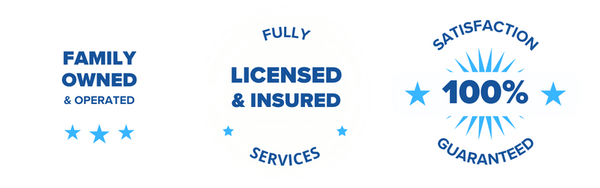 Trust badges, 1: 100% Satisfaction Guarantee  2: Family Owned & Operated  3: Fully Licensed & Insured