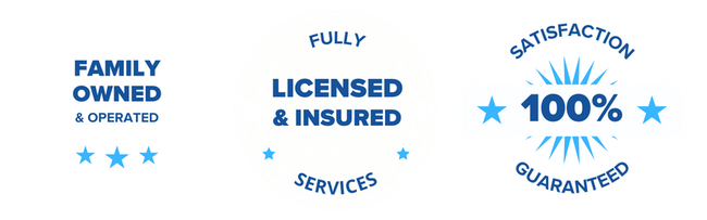 Trust badges, 1: 100% Satisfaction Guarantee  2: Family Owned & Operated  3: Fully Licensed & Insured