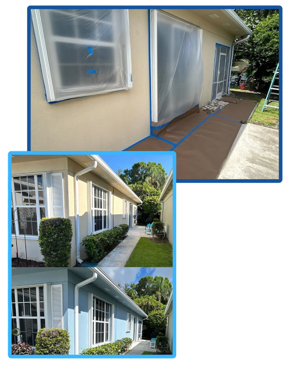 Two images. The first, a house with windows covered by plastic to protect them from home painting services. The second, a before an after photo of a ranch style house, in the before image painted a pale yellow, and in the after photo painted a light blue.