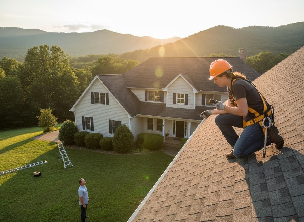 Roofer inspecting a house roof at sunset with homeowner