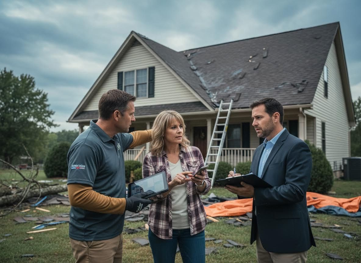 Homeowner discusses storm-damaged roof with a contractor and insurance adjuster