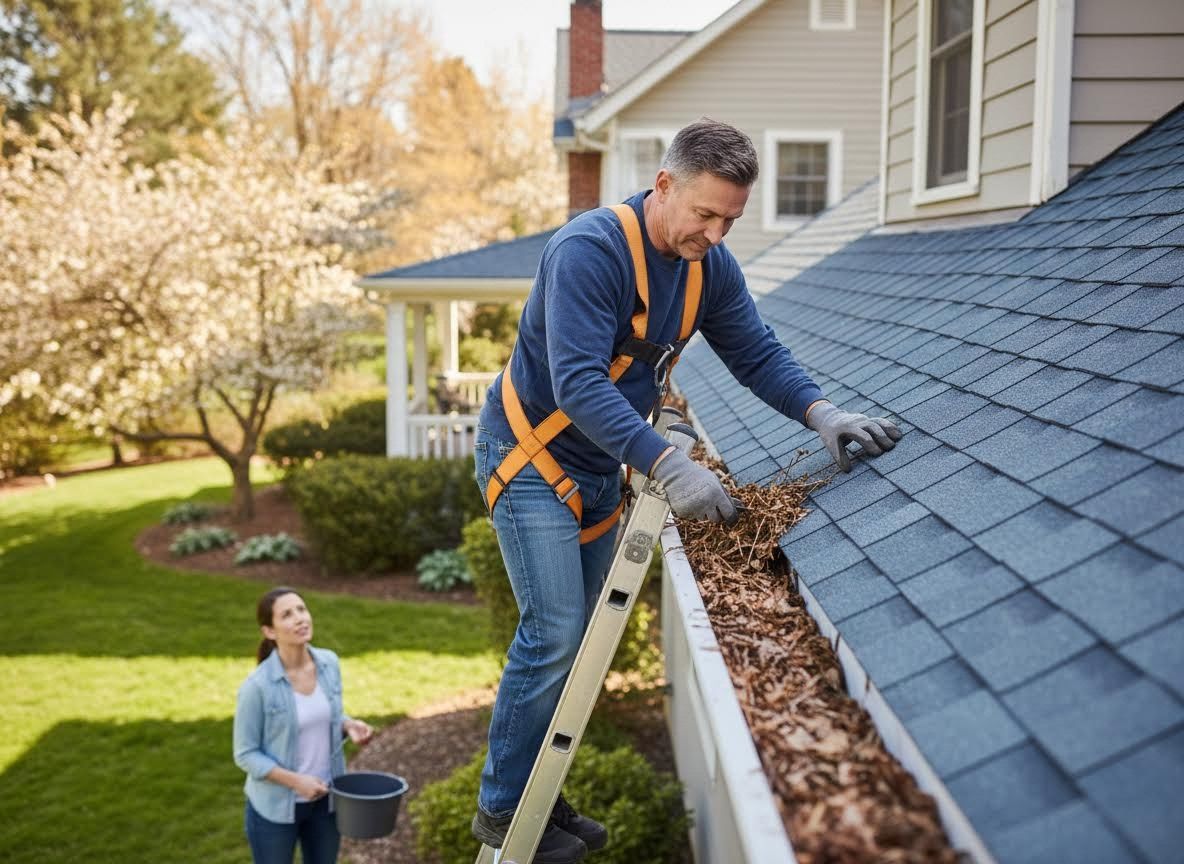 Man in safety harness cleaning roof gutters
