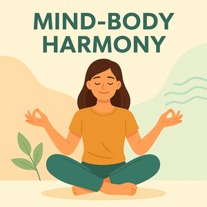 A colorful illustration of a person sitting in lotus meditation pose, surrounded by green leaves and plants, with the text MIND-BODY HARMONY. Featured on PurePoint Wellness to illustrate the connection between mental and physical health, and the importance of balanced well-being through holistic practices like meditation and mindfulness. Illustration of a person sitting in lotus pose meditating surrounded by leaves and plants representing mind-body harmony and balanced well-being