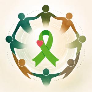 Diverse people standing in a circle holding hands with a green mental health awareness ribbon