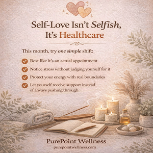 Self-care flat lay with candles journal dried botanicals and wellness items with text Self-Love is Healthcare