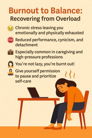 An illustrated graphic showing a person slumped over a desk feeling exhausted and overwhelmed, alongside a checklist of recovery steps for moving from burnout toward balance. Created for PurePoint Wellness to depict the signs of burnout and practical holistic approaches to restoring energy and well-being. Illustration showing a person overwhelmed at a desk with a checklist of recovery steps representing burnout and the path to balance