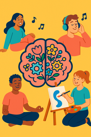 Colorful illustration showing people gathered around a brain representing community support for mental wellness addiction recovery and holistic healing