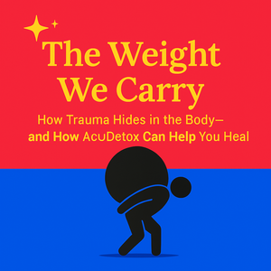 A bold, high-contrast graphic depicting a silhouette of a person hunched under a heavy load against a vivid background, with the text The Weight We Carry. Used by PurePoint Wellness to illustrate how unresolved trauma stores in the body, affecting mental health, physical well-being, and daily life. Bold graphic showing a person carrying a heavy load under the title The Weight We Carry representing how trauma hides in the body
