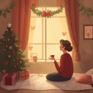 Person sitting peacefully by a decorated Christmas tree holding a warm drink and looking out a glowing winter window