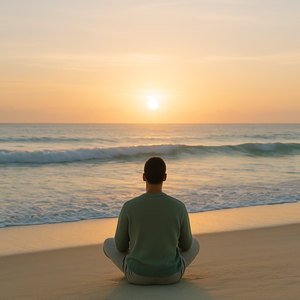 Person sitting in peaceful meditation on a sandy beach at golden sunset embodying mind-body harmony