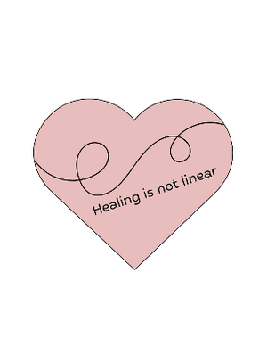 A gentle illustration of a pink heart with the phrase "Healing is not linear," symbolizing the non-linear journey of mental health recovery and the importance of self-compassion throughout the healing process. Healing Mental Health Journey - Heart with Healing is Not Linear
