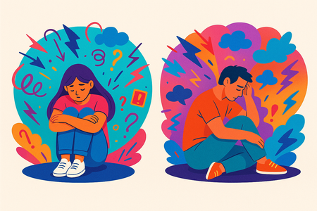 Colorful illustrated portraits of a stressed man and woman, each surrounded by swirling thoughts and emotional imagery, depicting anxiety's hidden impact on mental and physical health. Used by PurePoint Wellness to illustrate how anxiety manifests beyond worry - affecting the body, sleep, digestion, and relationships. Colorful illustrated portraits of a stressed man and woman with swirling thoughts representing anxietys hidden impact on mental and physical health