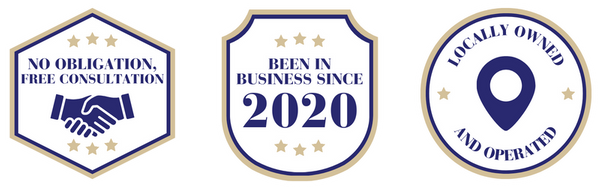 Three distinct trust badges: the first is a hexagon with a handshake icon and the text "NO OBLIGATION, FREE CONSULTATION"; the second is a shield shape with "BEEN IN BUSINESS SINCE 2020"; and the third is a circle with a map pin icon and the text "LOCALLY 