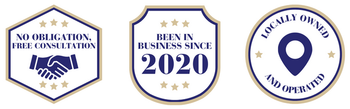 Three distinct trust badges: the first is a hexagon with a handshake icon and the text "NO OBLIGATION, FREE CONSULTATION"; the second is a shield shape with "BEEN IN BUSINESS SINCE 2020"; and the third is a circle with a map pin icon and the text "LOCALLY 