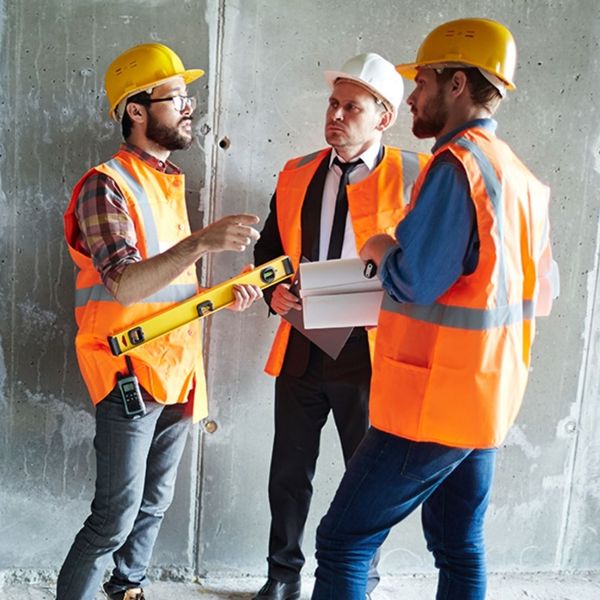 Three construction workers in hard hats and safety vests are in a discussion on a job site, with one holding a level and another holding a tablet