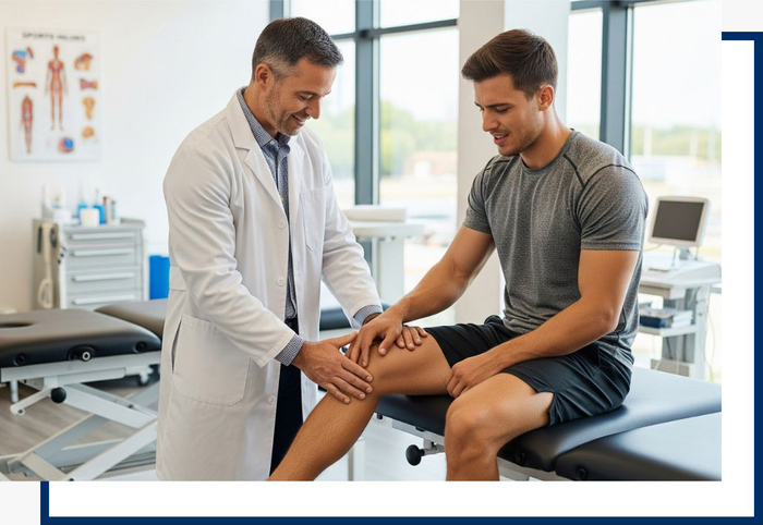 An experienced sports chiropractor at Infinite Chiropractic examining an athlete's knee for potential PRP therapy. An experienced sports chiropractor at Infinite Chiropractic examining an athlete's knee for potential PRP therapy.