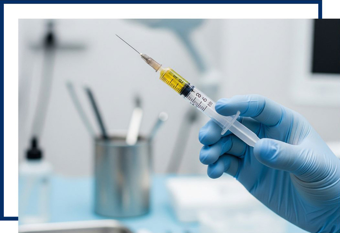 A close-up, professional image of a gloved hand holding a syringe with PRP serum, representing the treatment process. A close-up, professional image of a gloved hand holding a syringe with PRP serum, representing the treatment process.