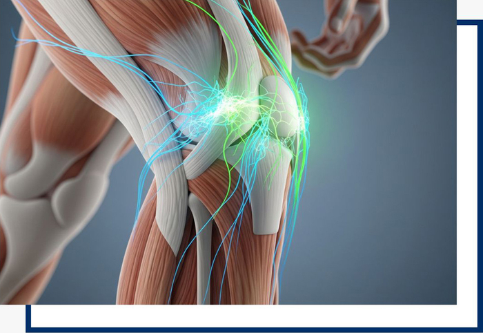 A medical illustration of an athlete's knee with glowing lines showing accelerated cellular repair from a sports injury. A medical illustration of an athlete's knee with glowing lines showing accelerated cellular repair from a sports injury.