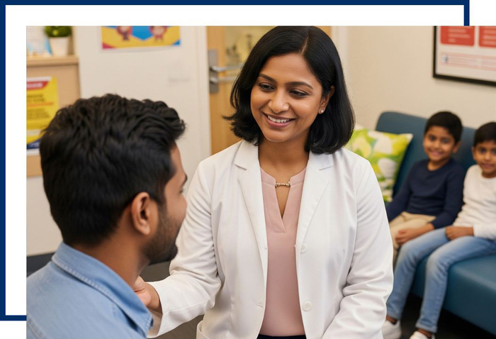 A compassionate healthcare specialist from Infinite Chiropractic discussing a personalized stem cell therapy plan with a patient in a family-oriented setting. A compassionate healthcare specialist from Infinite Chiropractic discussing a personalized stem cell therapy plan with a patient in a family-oriented setting.