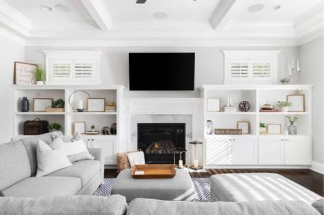 living room with custom built-in shelves