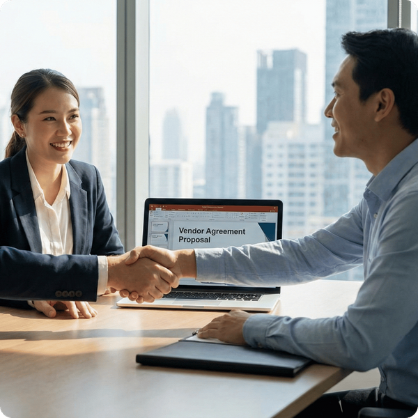 Two business professionals shaking hands across a conference table in an office with city views, with a laptop displaying a "Vendor Agreement Proposal" between them.